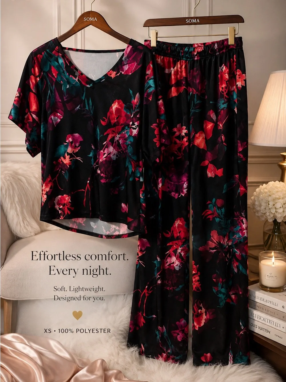Soma XS Floral Pajama Set V-Neck Top & Pants Black Pink Teal